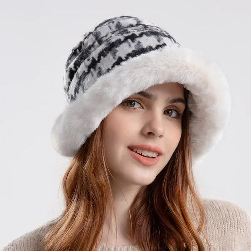 Houndstooth Winter Fur Women Bucket Hat Warm Windproof Cap-Bucket Hats-Arimonz-Black C-Arimonz