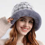 Houndstooth Winter Fur Women Bucket Hat Warm Windproof Cap-Bucket Hats-Arimonz-Grey-Arimonz