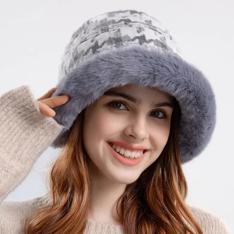 Houndstooth Winter Fur Women Bucket Hat Warm Windproof Cap-Bucket Hats-Arimonz-Grey-Arimonz