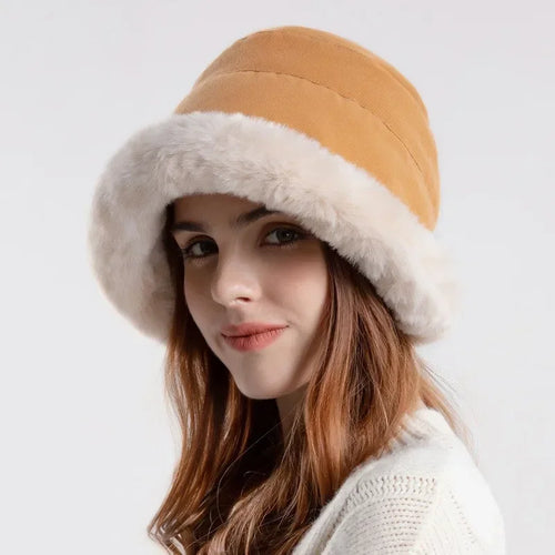 Houndstooth Winter Fur Women Bucket Hat Warm Windproof Cap-Bucket Hats-Arimonz-JU-Arimonz