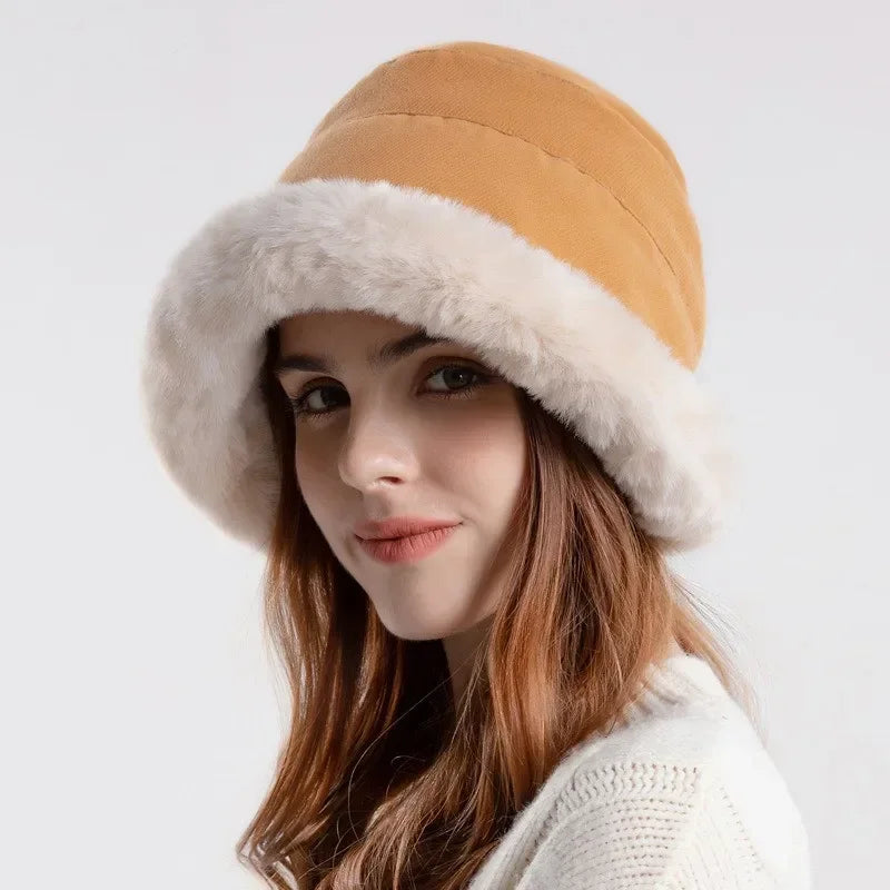 Houndstooth Winter Fur Women Bucket Hat Warm Windproof Cap-Bucket Hats-Arimonz-JU-Arimonz