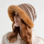 Houndstooth Winter Fur Women Bucket Hat Warm Windproof Cap-Bucket Hats-Arimonz-Khaki-Arimonz