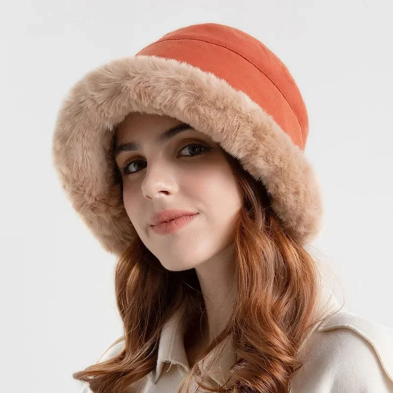 Houndstooth Winter Fur Women Bucket Hat Warm Windproof Cap-Bucket Hats-Arimonz-Red-Arimonz