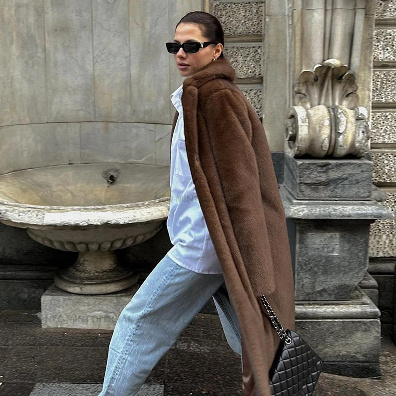 Iconic Women's Long Winter Faux Mink Fur Overcoat with Collar Jacket-Fuzzy Jackets-Arimonz-Arimonz