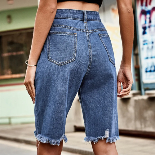 Knee Length Casual Jean Shorts Distressed High Waisted Denim Shorts-Denim Shorts-Arimonz-Arimonz