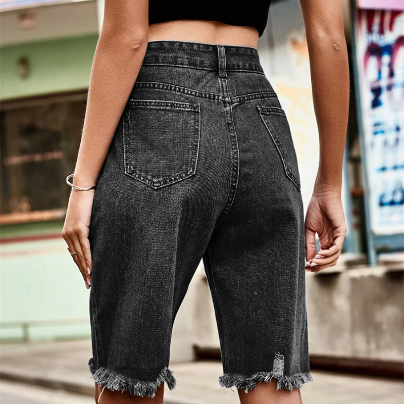 Knee Length Casual Jean Shorts Distressed High Waisted Denim Shorts-Denim Shorts-Arimonz-Arimonz