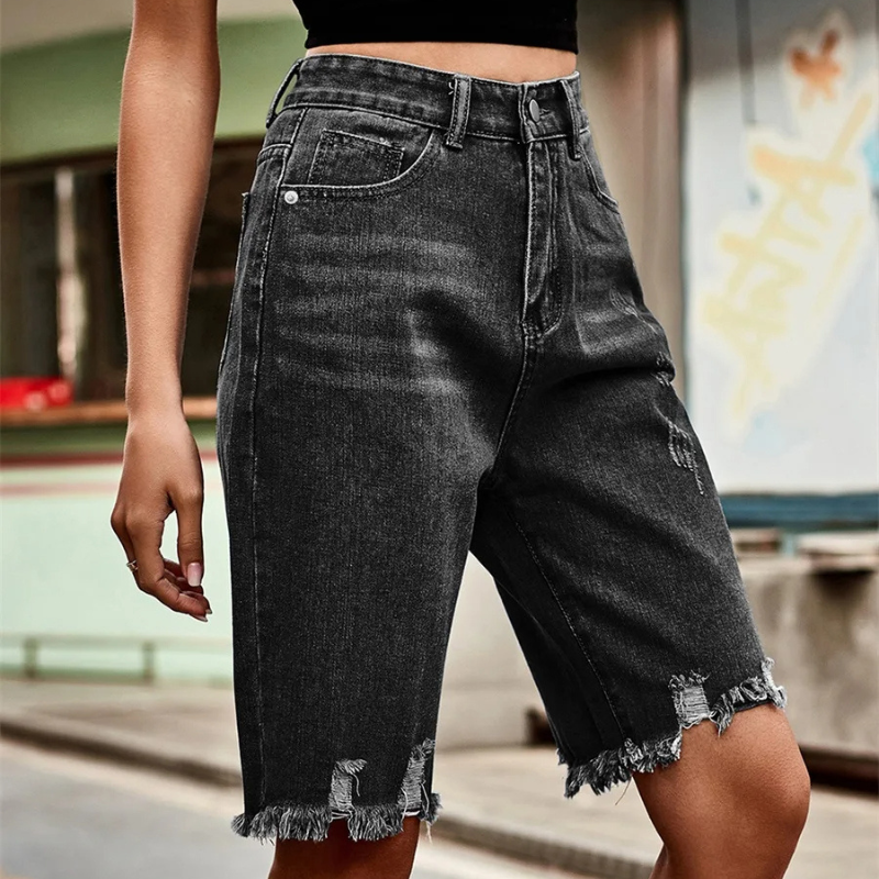 Knee Length Casual Jean Shorts Distressed High Waisted Denim Shorts-Denim Shorts-Arimonz-Arimonz