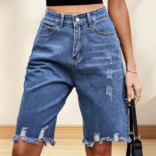 Knee Length Casual Jean Shorts Distressed High Waisted Denim Shorts-Denim Shorts-Arimonz-Arimonz