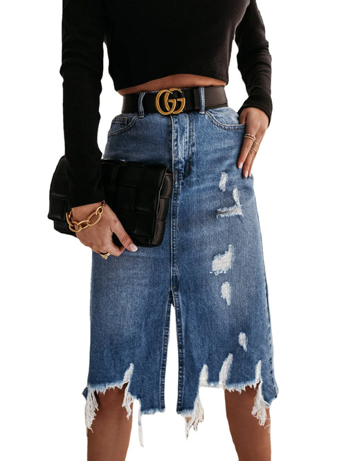 Knee Length Denim Skirt Casual Pocket High Waist Straight Denim Skirt-Denim Skirts-Arimonz-Arimonz