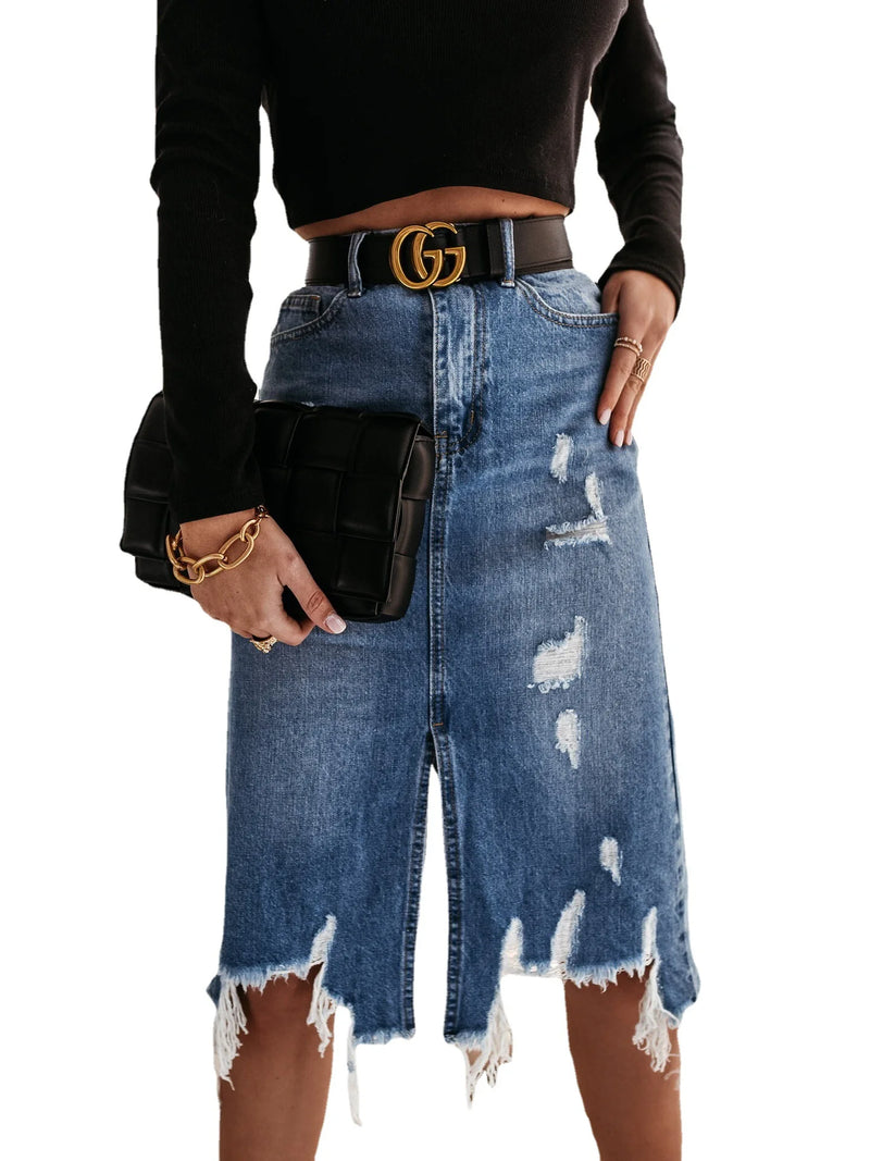Knee Length Denim Skirt Casual Pocket High Waist Straight Denim Skirt-Denim Skirts-Arimonz-Arimonz
