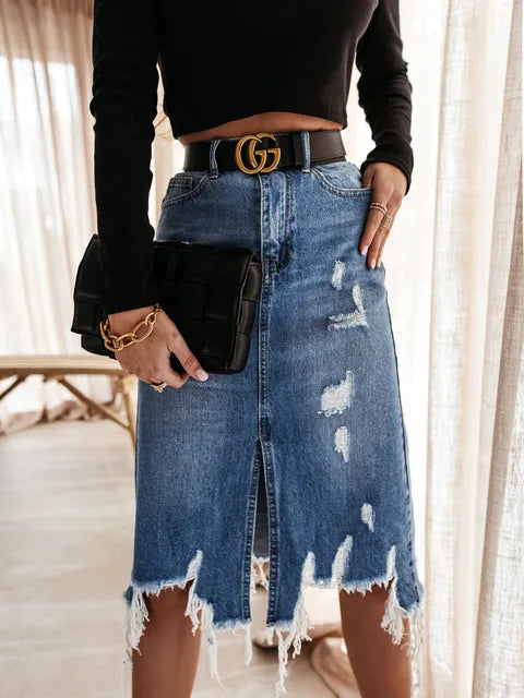Knee Length Denim Skirt Casual Pocket High Waist Straight Denim Skirt-Denim Skirts-Arimonz-S-Arimonz
