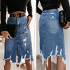 Knee Length Denim Skirt Casual Pocket High Waist Straight Denim Skirt-Denim Skirts-Arimonz-Arimonz