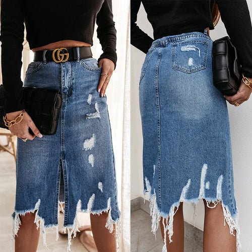 Knee Length Denim Skirt Casual Pocket High Waist Straight Denim Skirt-Denim Skirts-Arimonz-Arimonz