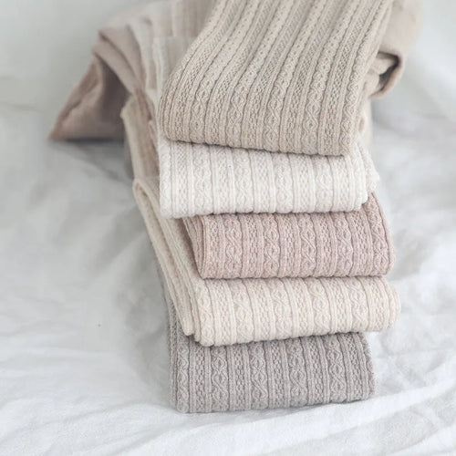 Knitted Twist Tights Women Oatmeal Cotton Striped Tights Pantyhose-Socks & Tights-Arimonz-Arimonz