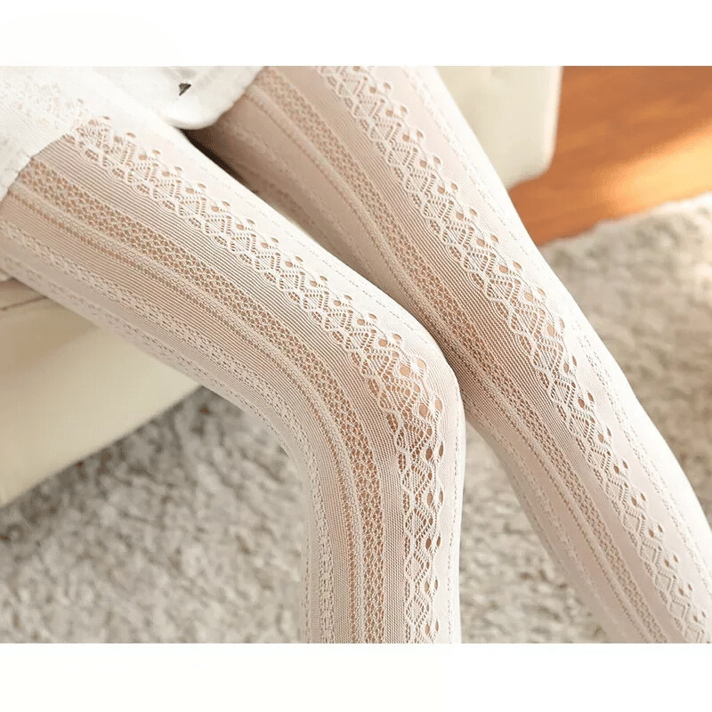 Lace Knitted Cotton Tights Hollow Out Striped Stockings Pantyhose-Socks & Tights-Arimonz-Arimonz