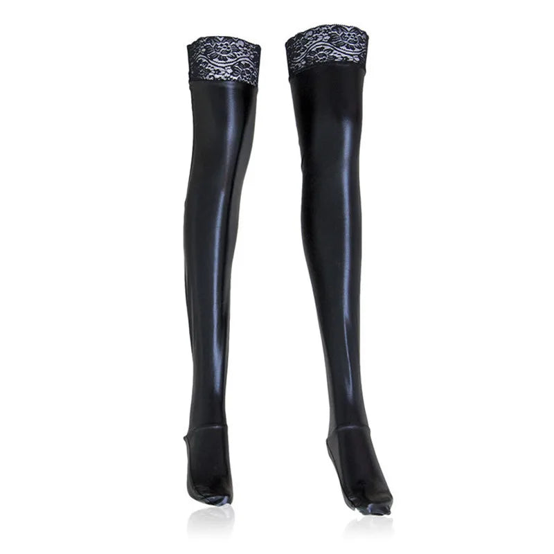 Lace Silicone Latex Stockings Ladies Black Faux Leather Thigh High-Socks & Tights-Arimonz-Arimonz
