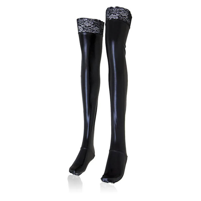 Lace Silicone Latex Stockings Ladies Black Faux Leather Thigh High-Socks & Tights-Arimonz-Arimonz