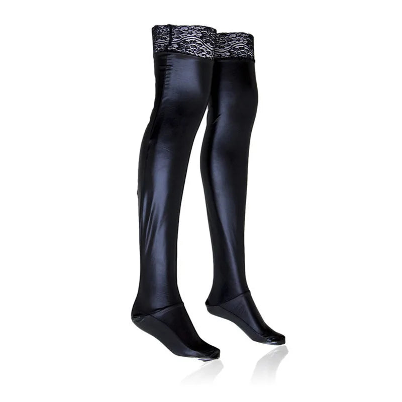Lace Silicone Latex Stockings Ladies Black Faux Leather Thigh High-Socks & Tights-Arimonz-S-Arimonz