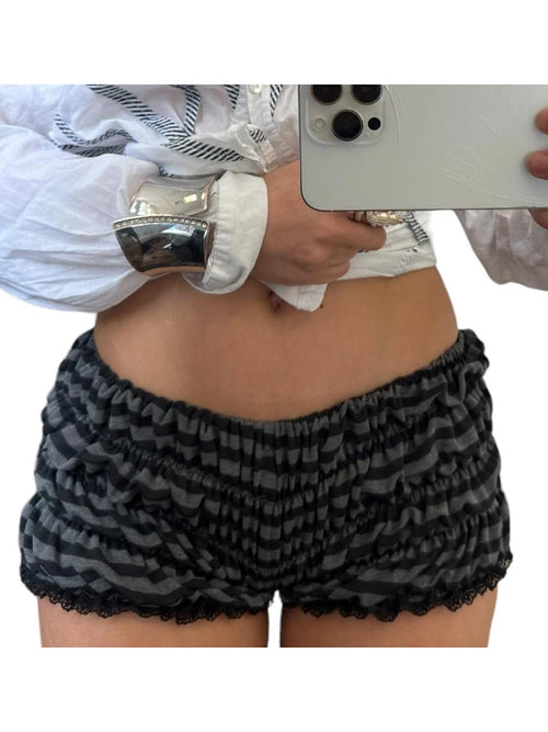 Lace Trim Elastic Waist Pajama Shorts Ruched Detail Sleepwear Bottoms-Shorts-Arimonz-Arimonz