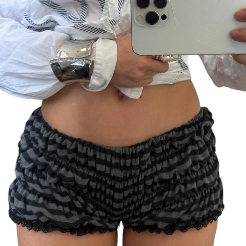 Lace Trim Elastic Waist Pajama Shorts Ruched Detail Sleepwear Bottoms-Shorts-Arimonz-Dark Grey-S-Arimonz