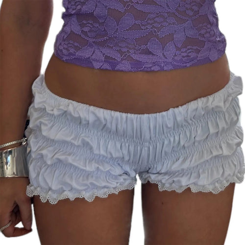 Lace Trim Elastic Waist Pajama Shorts Ruched Detail Sleepwear Bottoms-Shorts-Arimonz-White-S-Arimonz