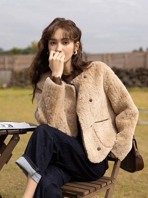 Lamb Wool Coat for Women Winter Short Single Breasted O neck Jacket-Fuzzy Jackets-Arimonz-Arimonz