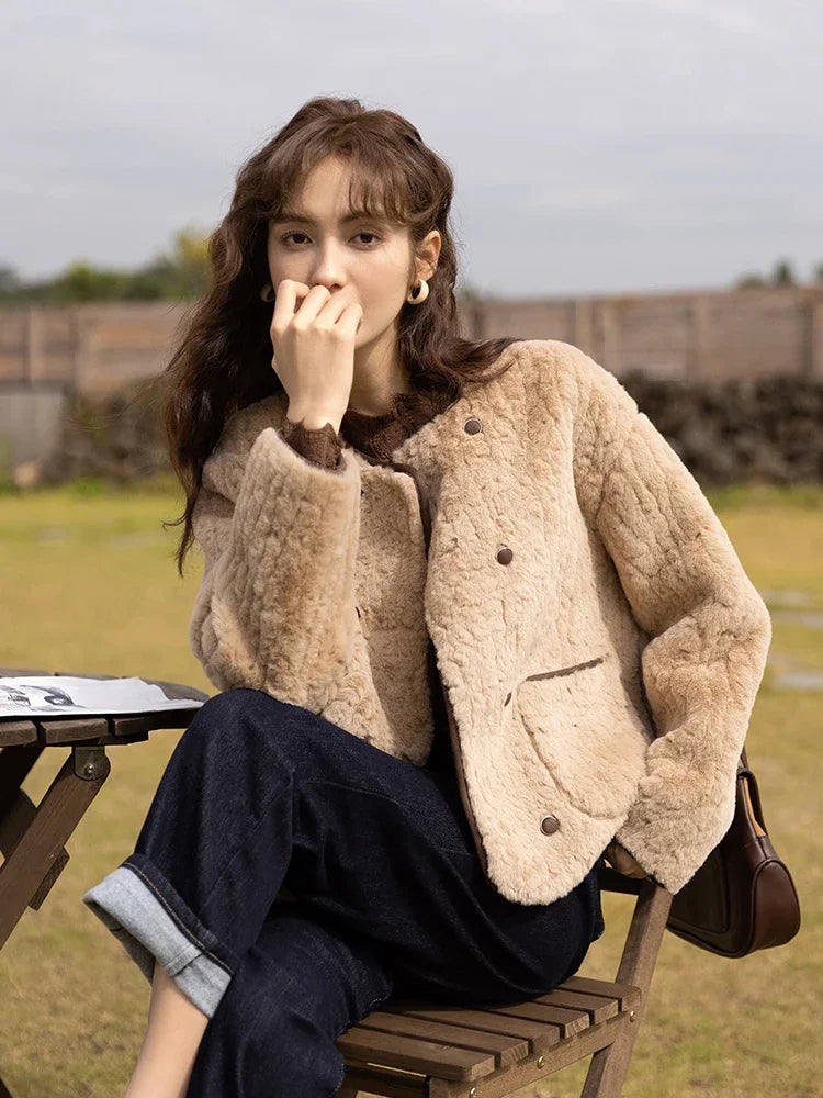 Lamb Wool Coat for Women Winter Short Single Breasted O neck Jacket-Fuzzy Jackets-Arimonz-Arimonz
