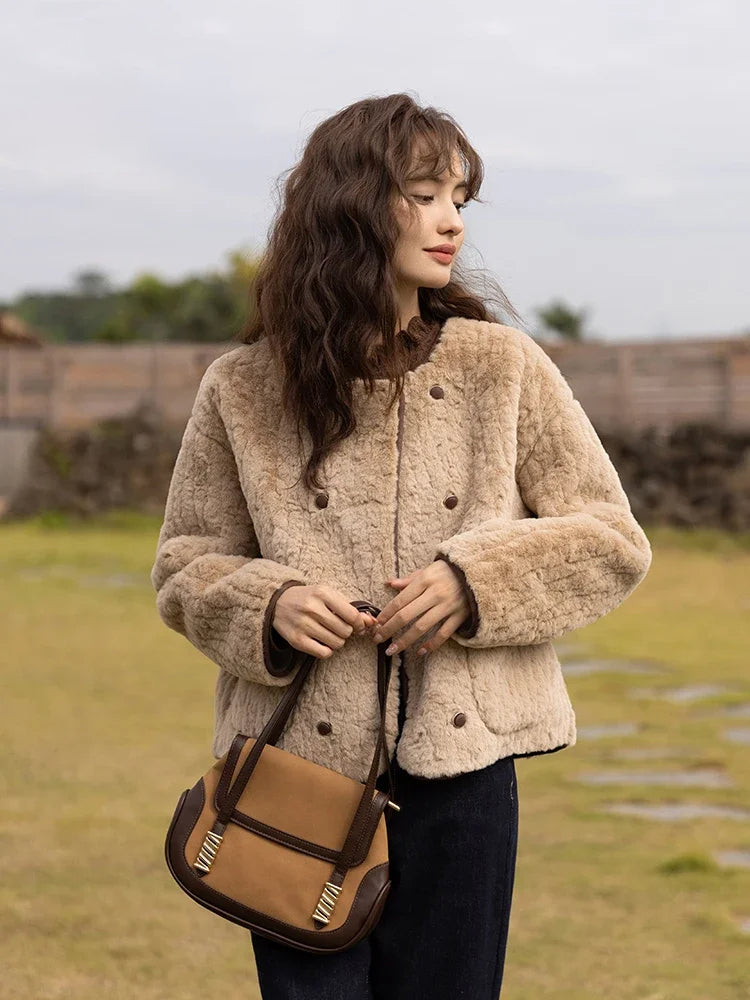 Lamb Wool Coat for Women Winter Short Single Breasted O neck Jacket-Fuzzy Jackets-Arimonz-Arimonz