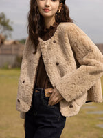 Lamb Wool Coat for Women Winter Short Single Breasted O neck Jacket-Fuzzy Jackets-Arimonz-Arimonz