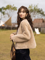 Lamb Wool Coat for Women Winter Short Single Breasted O neck Jacket-Fuzzy Jackets-Arimonz-Arimonz