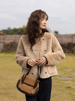 Lamb Wool Coat for Women Winter Short Single Breasted O neck Jacket-Fuzzy Jackets-Arimonz-Khaki-S-Arimonz