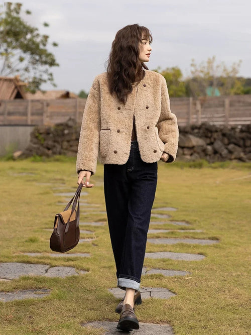 Lamb Wool Coat for Women Winter Short Single Breasted O neck Jacket-Fuzzy Jackets-Arimonz-Arimonz
