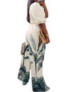 Lantern Half Sleeve V-neck Ruched Crop Top and Wide Leg Pants 2pc Set-Wear To Work Sets-Arimonz-Arimonz