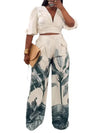 Lantern Half Sleeve V-neck Ruched Crop Top and Wide Leg Pants 2pc Set-Wear To Work Sets-Arimonz-apricot sets-S-Arimonz