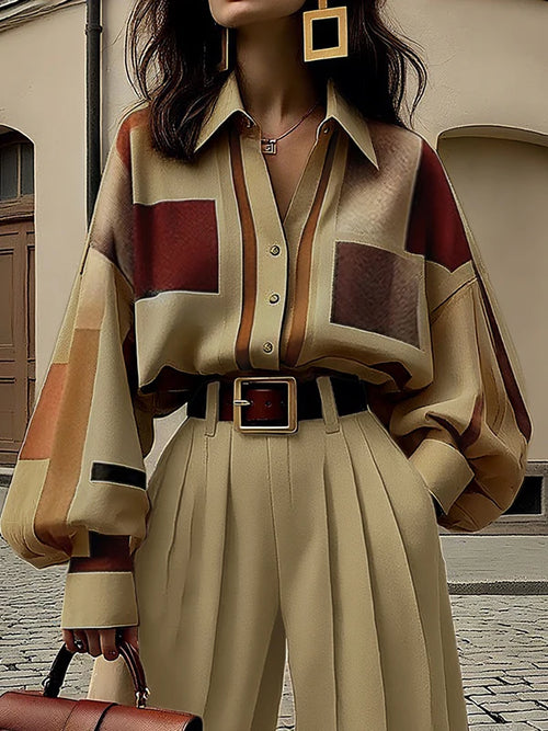 Lantern Sleeve Shirt and Wide-Leg Pants Vintage Office Outfit Set-Wear To Work Sets-Arimonz-Arimonz