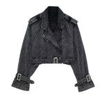 Lapel Notched Collar Denim Jacket Vintage Women Hem Buckle Belt Jacket-Jean Jackets-Arimonz-Arimonz