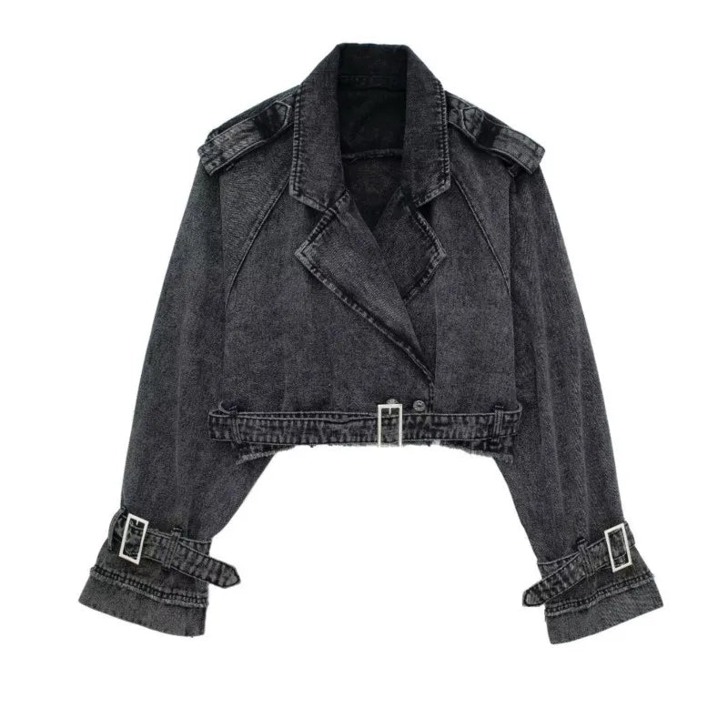 Lapel Notched Collar Denim Jacket Vintage Women Hem Buckle Belt Jacket-Jean Jackets-Arimonz-Arimonz