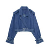 Lapel Notched Collar Denim Jacket Vintage Women Hem Buckle Belt Jacket-Jean Jackets-Arimonz-Arimonz