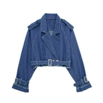 Lapel Notched Collar Denim Jacket Vintage Women Hem Buckle Belt Jacket-Jean Jackets-Arimonz-Arimonz