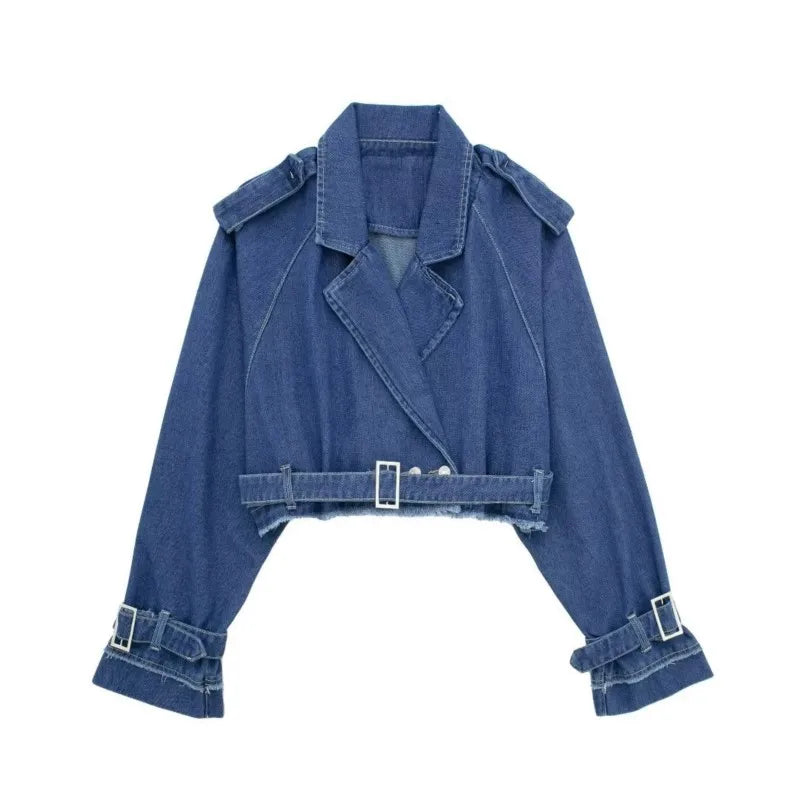 Lapel Notched Collar Denim Jacket Vintage Women Hem Buckle Belt Jacket-Jean Jackets-Arimonz-Arimonz