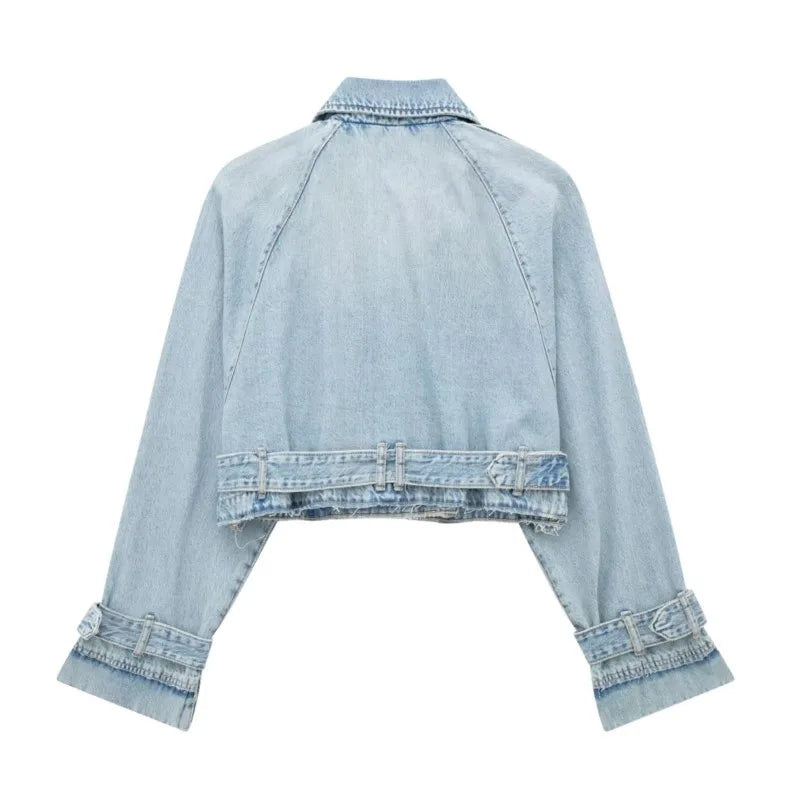 Lapel Notched Collar Denim Jacket Vintage Women Hem Buckle Belt Jacket-Jean Jackets-Arimonz-Arimonz