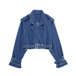 Lapel Notched Collar Denim Jacket Vintage Women Hem Buckle Belt Jacket-Jean Jackets-Arimonz-dark blue-S-Arimonz