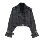 Lapel Notched Collar Denim Jacket Vintage Women Hem Buckle Belt Jacket-Jean Jackets-Arimonz-Dark Grey-S-Arimonz