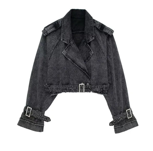 Lapel Notched Collar Denim Jacket Vintage Women Hem Buckle Belt Jacket-Jean Jackets-Arimonz-Dark Grey-S-Arimonz