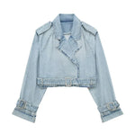 Lapel Notched Collar Denim Jacket Vintage Women Hem Buckle Belt Jacket-Jean Jackets-Arimonz-light blue-S-Arimonz