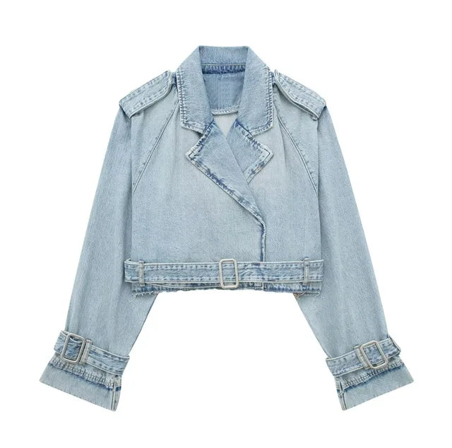 Lapel Notched Collar Denim Jacket Vintage Women Hem Buckle Belt Jacket-Jean Jackets-Arimonz-light blue-S-Arimonz