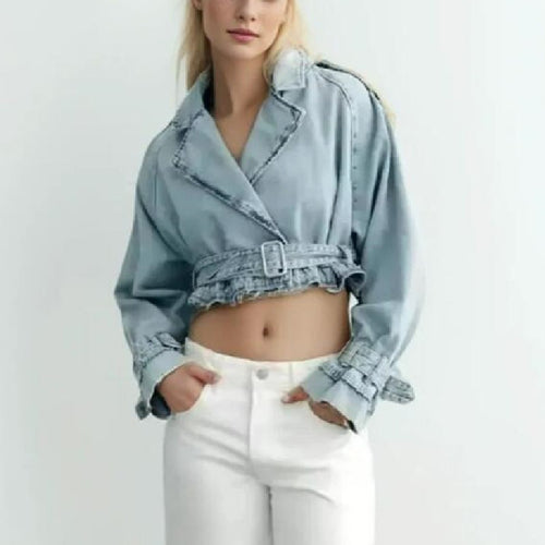 Lapel Notched Collar Denim Jacket Vintage Women Hem Buckle Belt Jacket-Jean Jackets-Arimonz-Arimonz