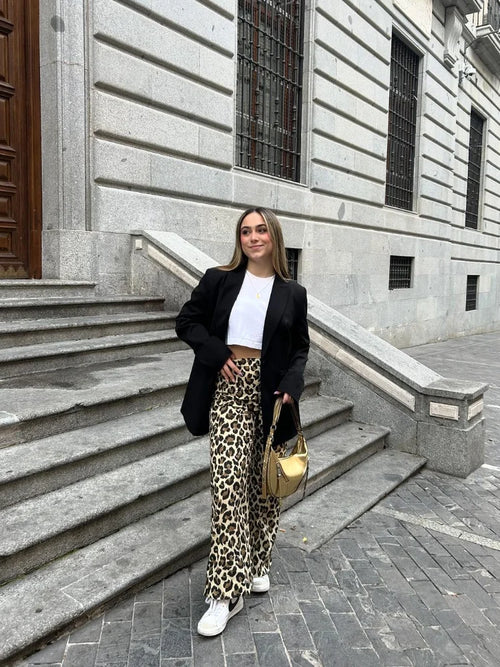Leopard Flared Pants Women Street Button Zippers Pocket Female Trouser-Pants-Arimonz-Arimonz