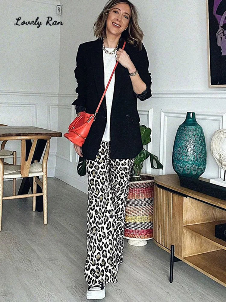 Leopard Flared Pants Women Street Button Zippers Pocket Female Trouser-Pants-Arimonz-Arimonz