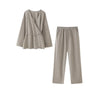 Linen Cotton Lace Up Shirt Pant Suit Long Sleeve Belt V-neck Top Set-Wear To Work Sets-Arimonz-Arimonz